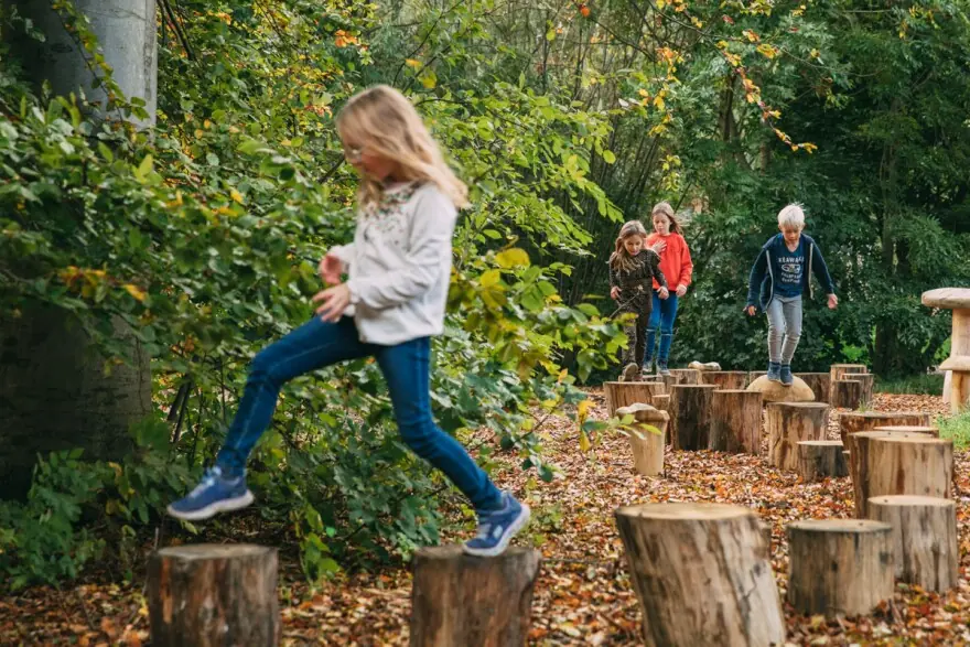A child playing outdoors on natural wood features