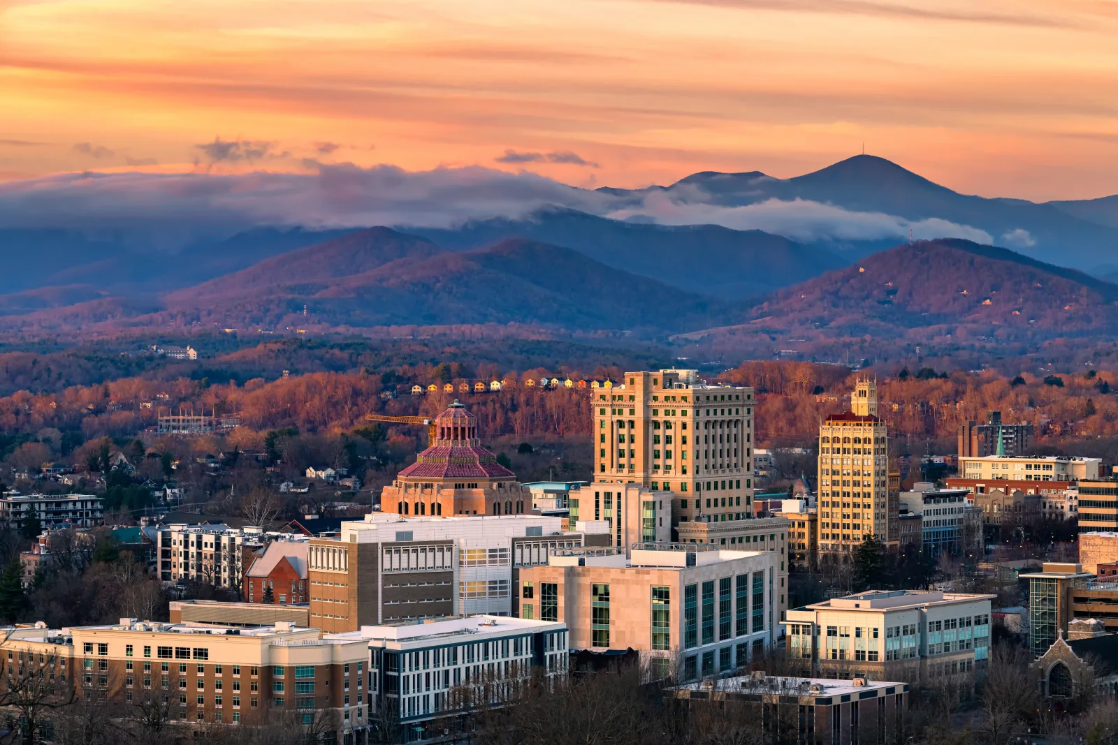 Downtown Asheville with mountains in autumn