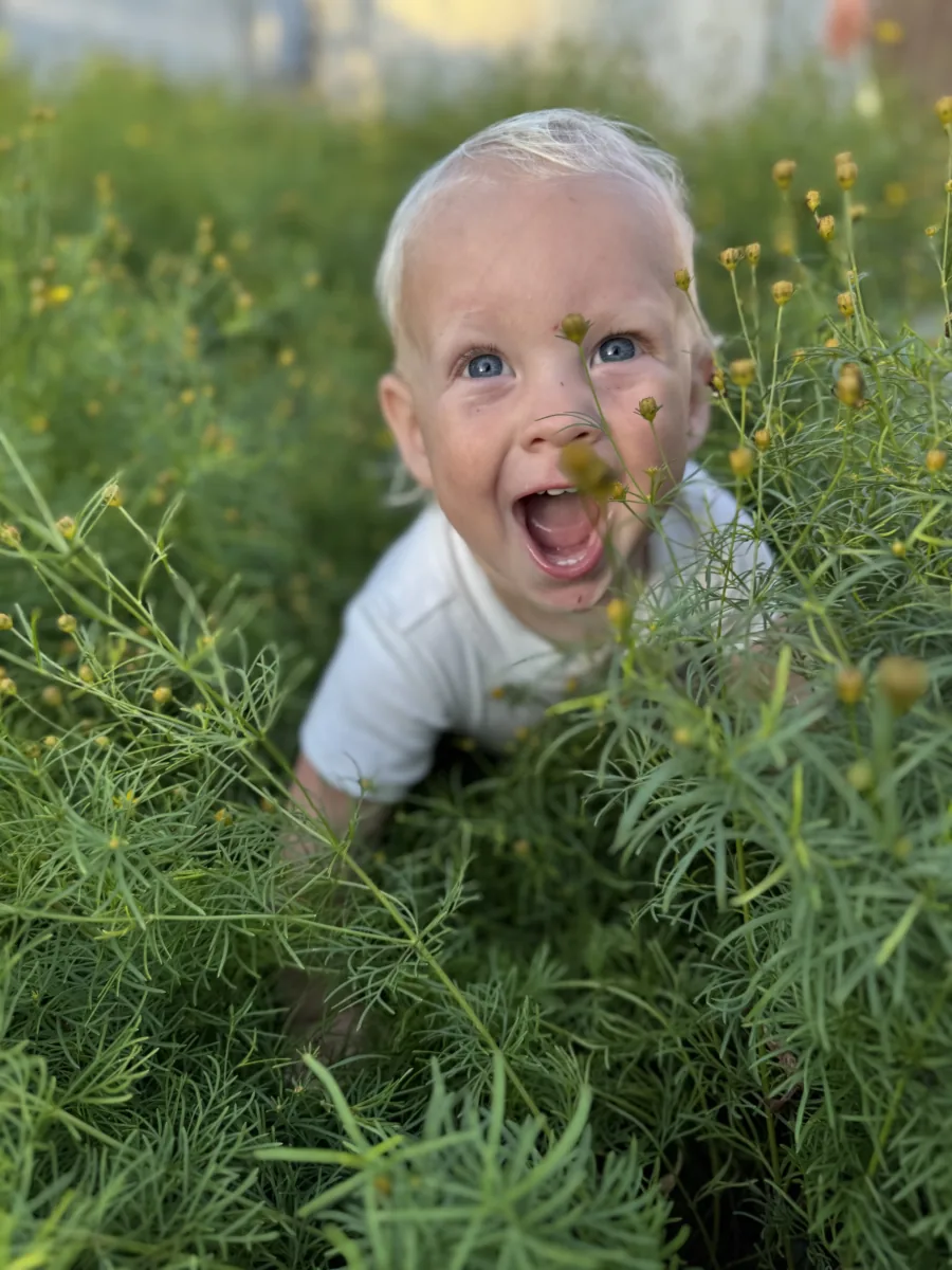 A child playing in a garden