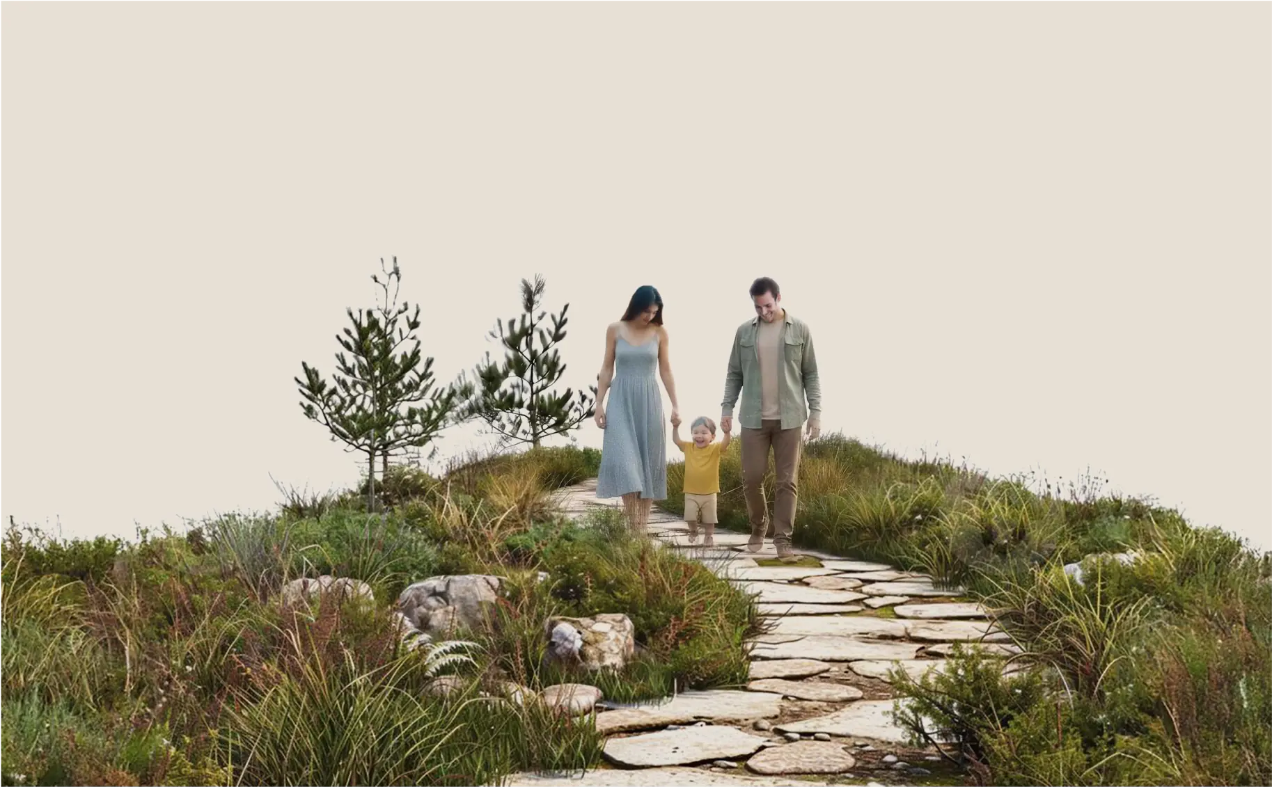 A family walking along a garden path