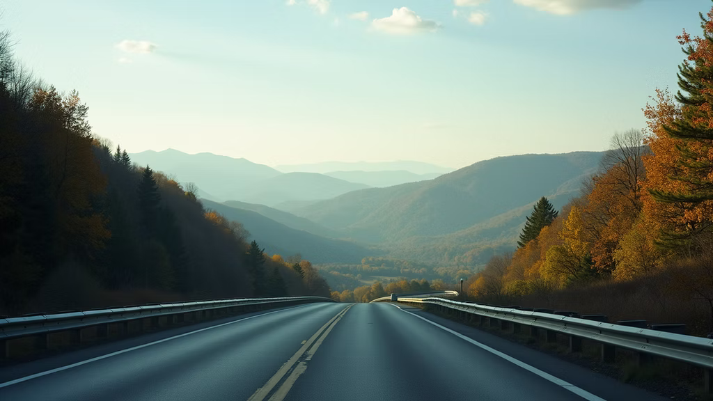 A mountain road overlooking layers of the Blue Ridge Mountains