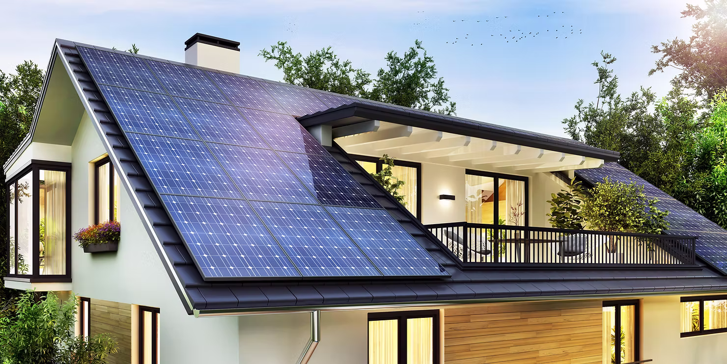 A modern home with a large rooftop solar array