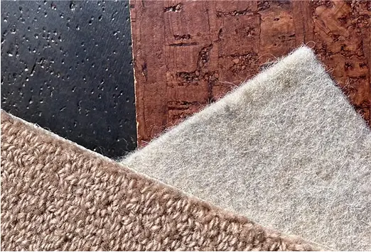 Close view of cork, wool, and other home finish materials