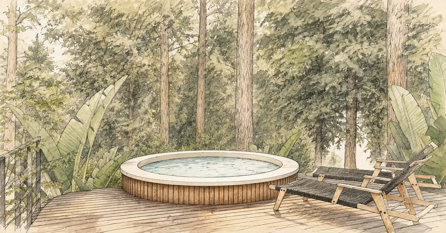 Pencil and watercolor concept illustration of a planned hot tub and lounge chairs among trees