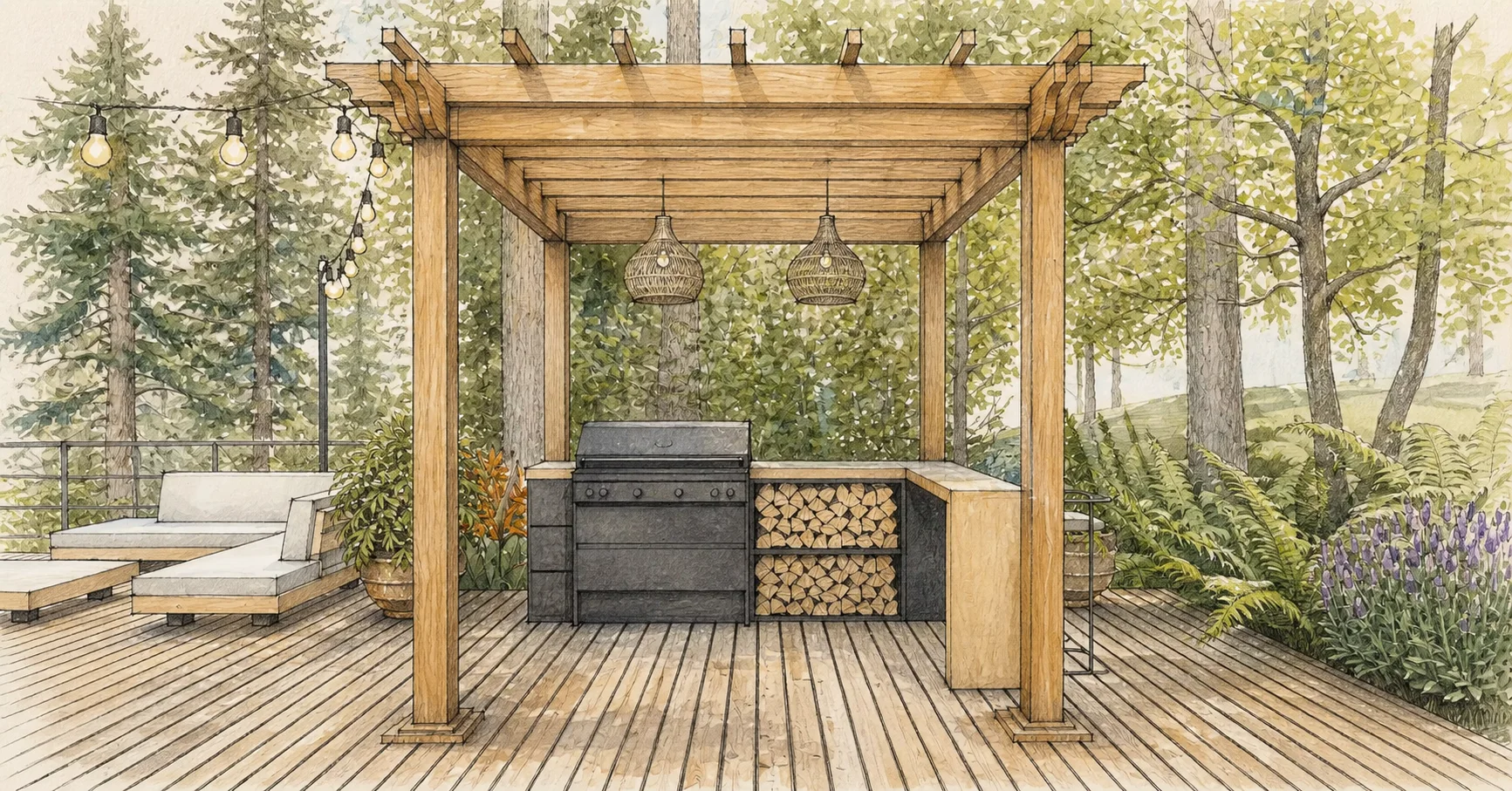 Pencil and watercolor concept illustration of a planned outdoor kitchen beneath a timber pergola
