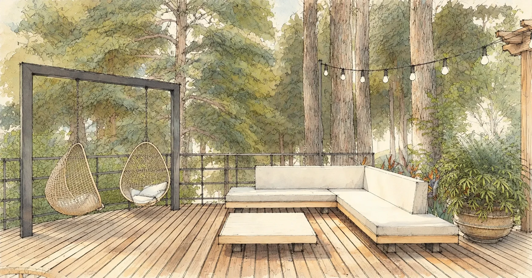 Pencil and watercolor concept illustration of a planned outdoor lounge on a wooded deck