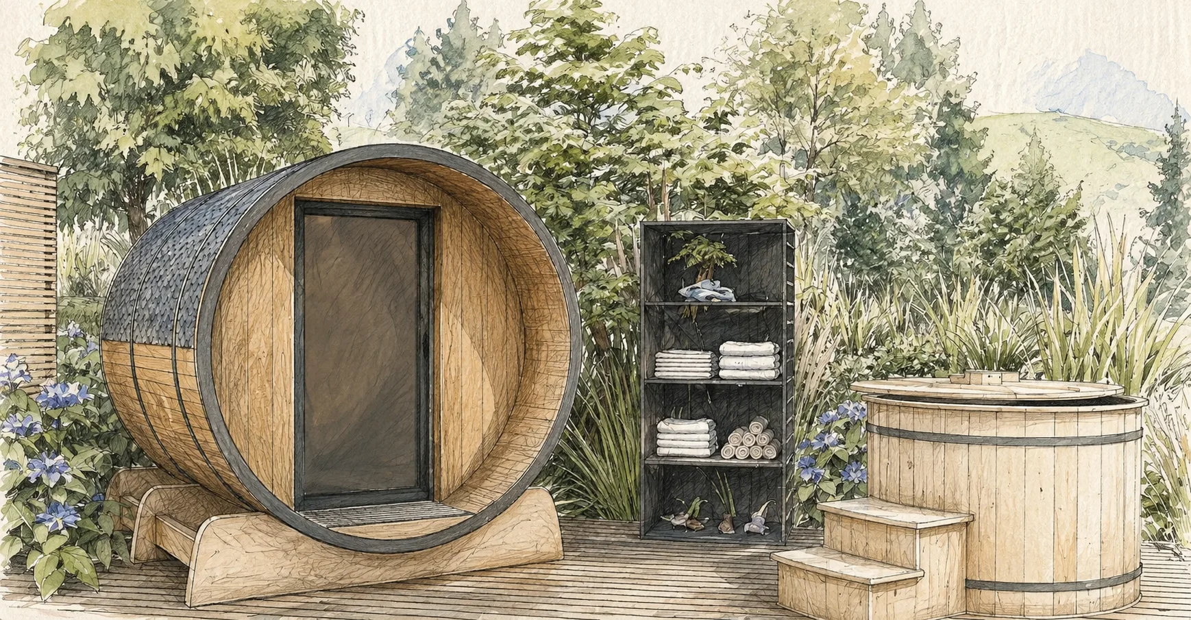 Pencil and watercolor concept illustration of a planned sauna and cold plunge