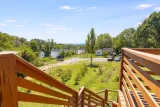 Treetop and mountain views from the deck stairs